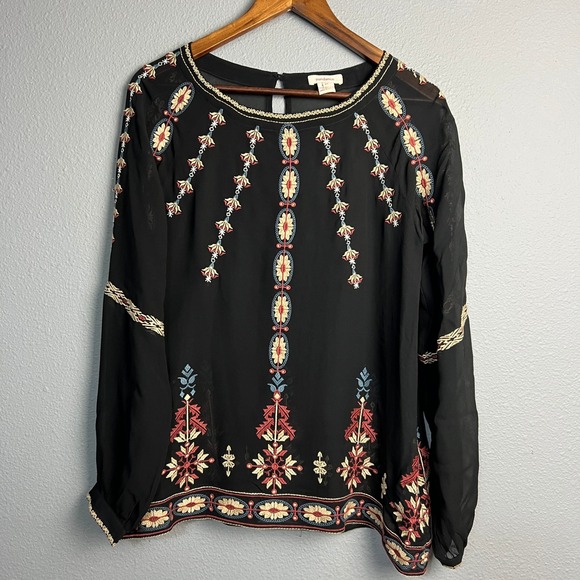 Sundance Tops - Sundance‎ Silk Embroidered Blouse XS Long Sleeve Black Sheer Boho Top Festival